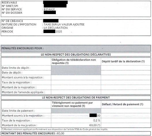 Auszug aus einem französischen Steuerbescheid mit Übersicht zur fälligen Strafzahlung in Höhe von 60 €, ausgelöst durch eine nicht regelkonforme (manuelle) Zahlung der Umsatzsteuer statt SEPA-Lastschrift.