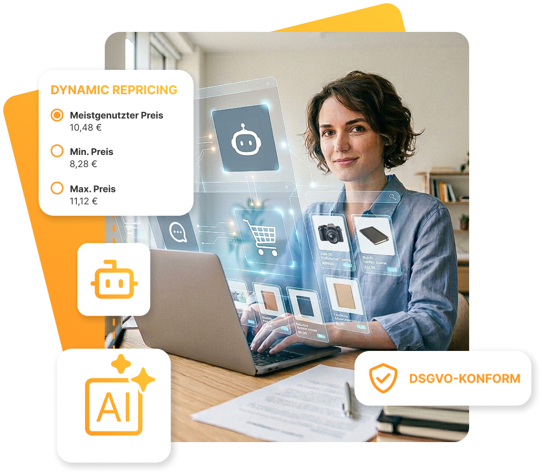 Frau arbeitet an einem Laptop, aus dem holografische E-Commerce-Produktkacheln schweben. UI-Elemente zeigen: „Preisstrategie – Meistgenutzter Preis 10,48 €, Min. Preis 8,28 €, Max. Preis 11,12 €