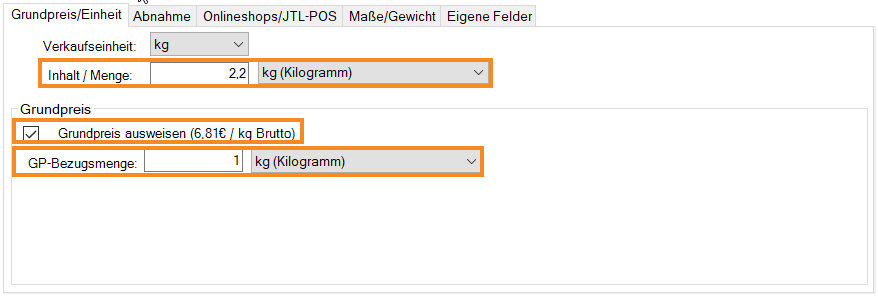 Grundpreise werden in JTL-Wawi über die Artikelstammdaten gepflegt