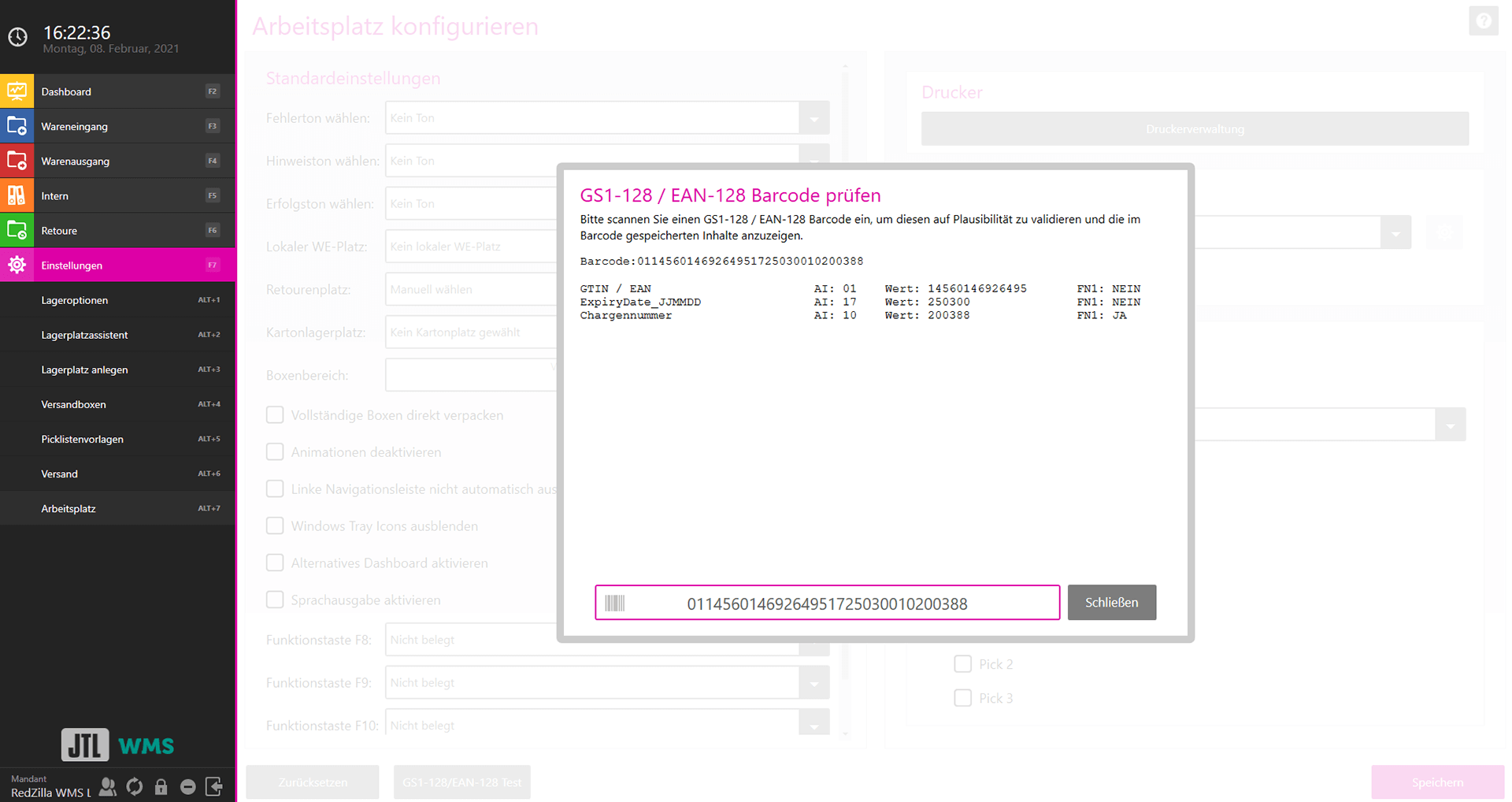 GS1-128 Barcode Prueffenster