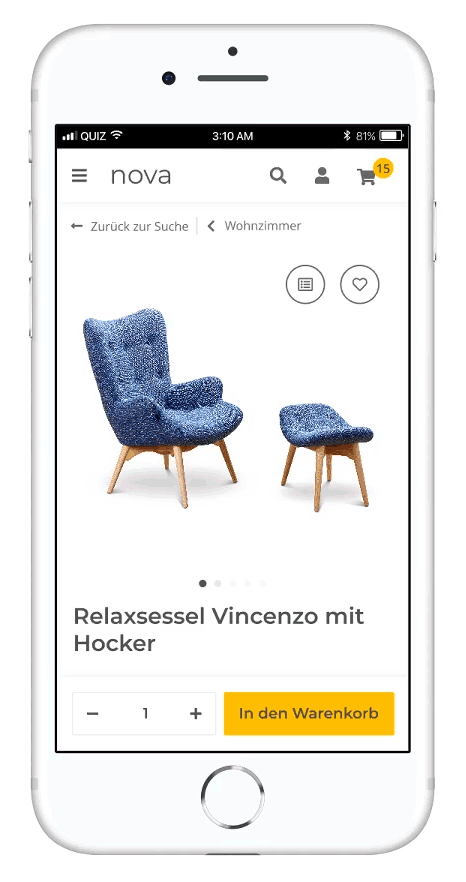 Animiertes Gif-Datei zur Demonstration der mobilen Produktdetailseite bom NOVA-Template