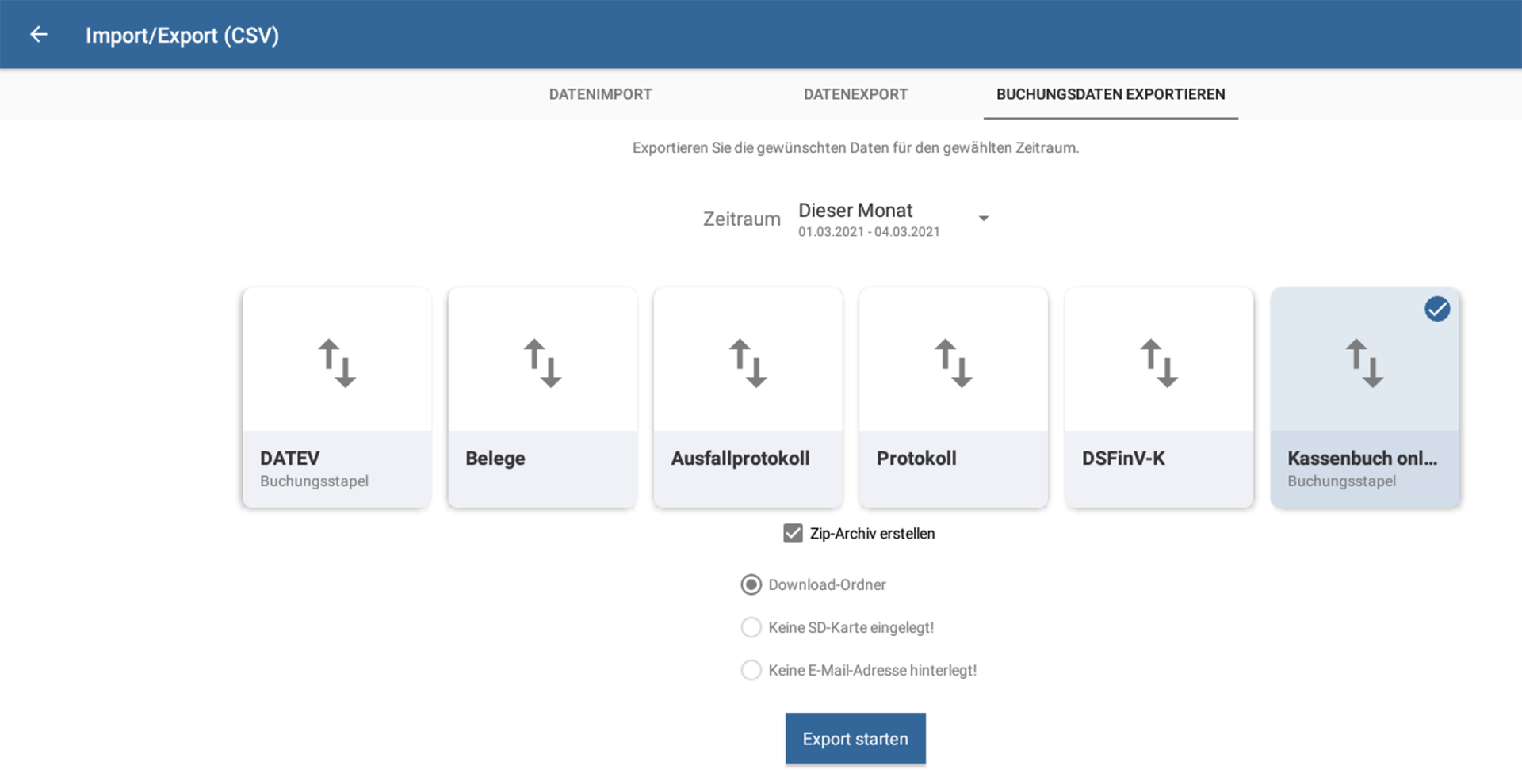 JTL-POS: Übersichtliche Ansicht des DATEV-Kassenbuch-Export