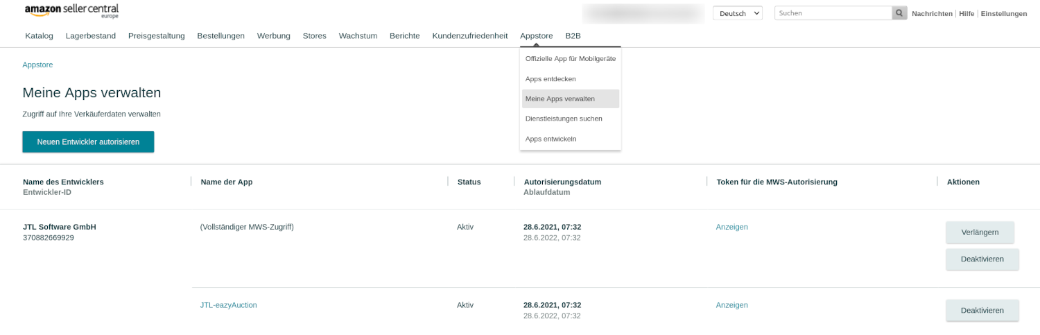 Screenshot: Amazon Seller Central Bereich Meine Apps Verwalten