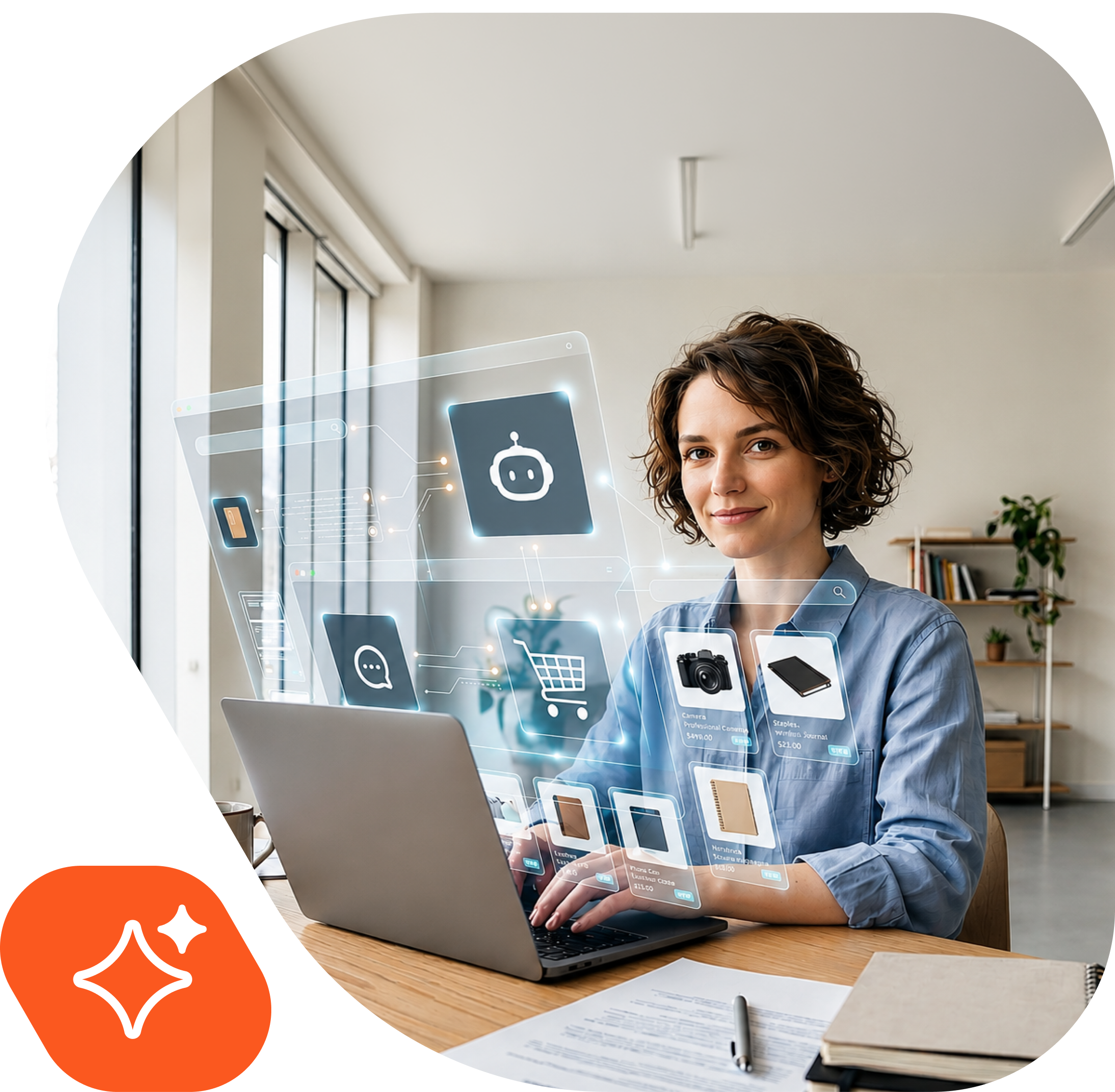Eine Frau sitzt an einem Schreibtisch und arbeitet an einem Laptop. Vor ihr sind transparente, futuristische Interface-Elemente eingeblendet, die auf KI-gestützte Funktionen hinweisen. Zu sehen sind u. a. ein Chatbot-Symbol, ein Warenkorb, Produktkarten (z. B. Kamera, Notizbuch), Such- und Kommunikationsicons. Links unten ist ein „AI“-Icon mit Sternsymbol dargestellt.