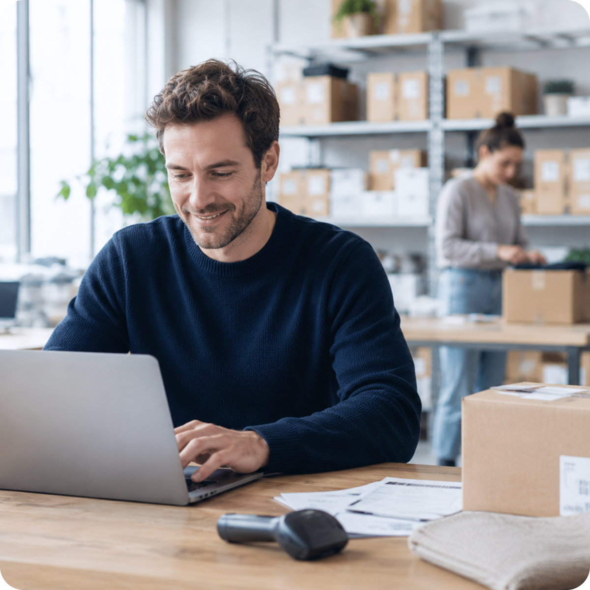 Eine Frau mit Brille und Stirnband verpackt lächelnd ein Produkt an einem Tisch. Im Hintergrund stehen Regale mit Kartons. Eingeblendet sind Texte: „returnless.“, „SHOP SYSTEM“, „SHOP“ sowie „RETOURENDETAILS“ mit: Artikel – Art.-Nr. 00156, Status der Retoure: Sehr gut, Mi. 14.05.2025, 16:46 – Retoure geprüft, Fr. 14.05.2025, 13:25 – Retoure erhalten, Mi. 12.05.2025, 15:31 – Retoure angemeldet.