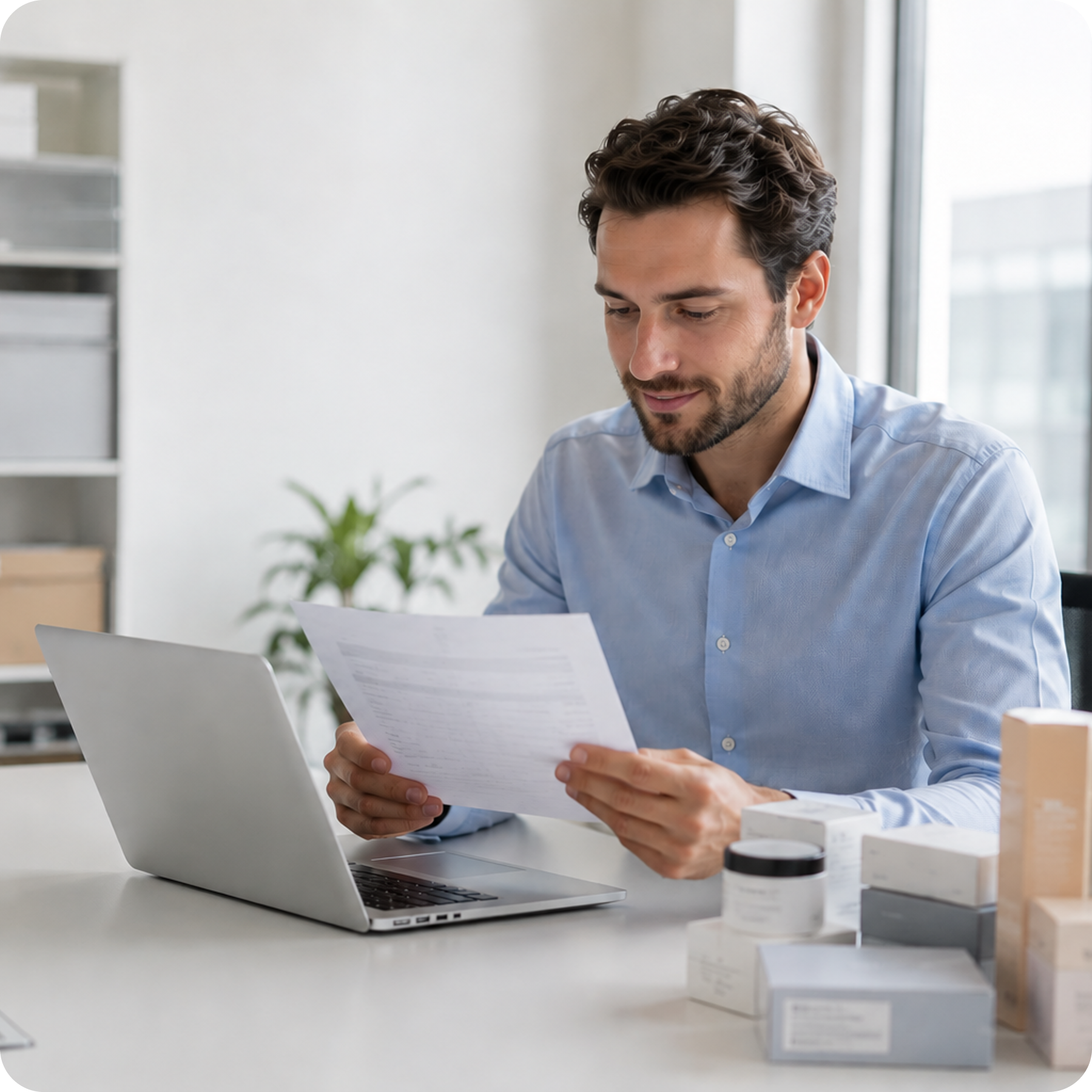 Mann arbeitet im Büro mit Laptop und prüft Dokumente zur Logistik- oder Auftragsabwicklung