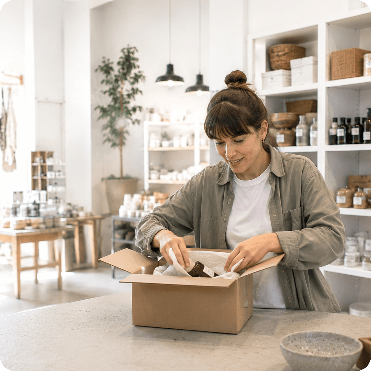 Eine Frau packt eine braune Flasche in Seidenpapier in einen Versandkarton in einem hellen Naturkost- oder Kosmetikladen. Im Hintergrund sind weiße Regale mit Produkten, Hängeleuchten und ein Baum zu sehen.