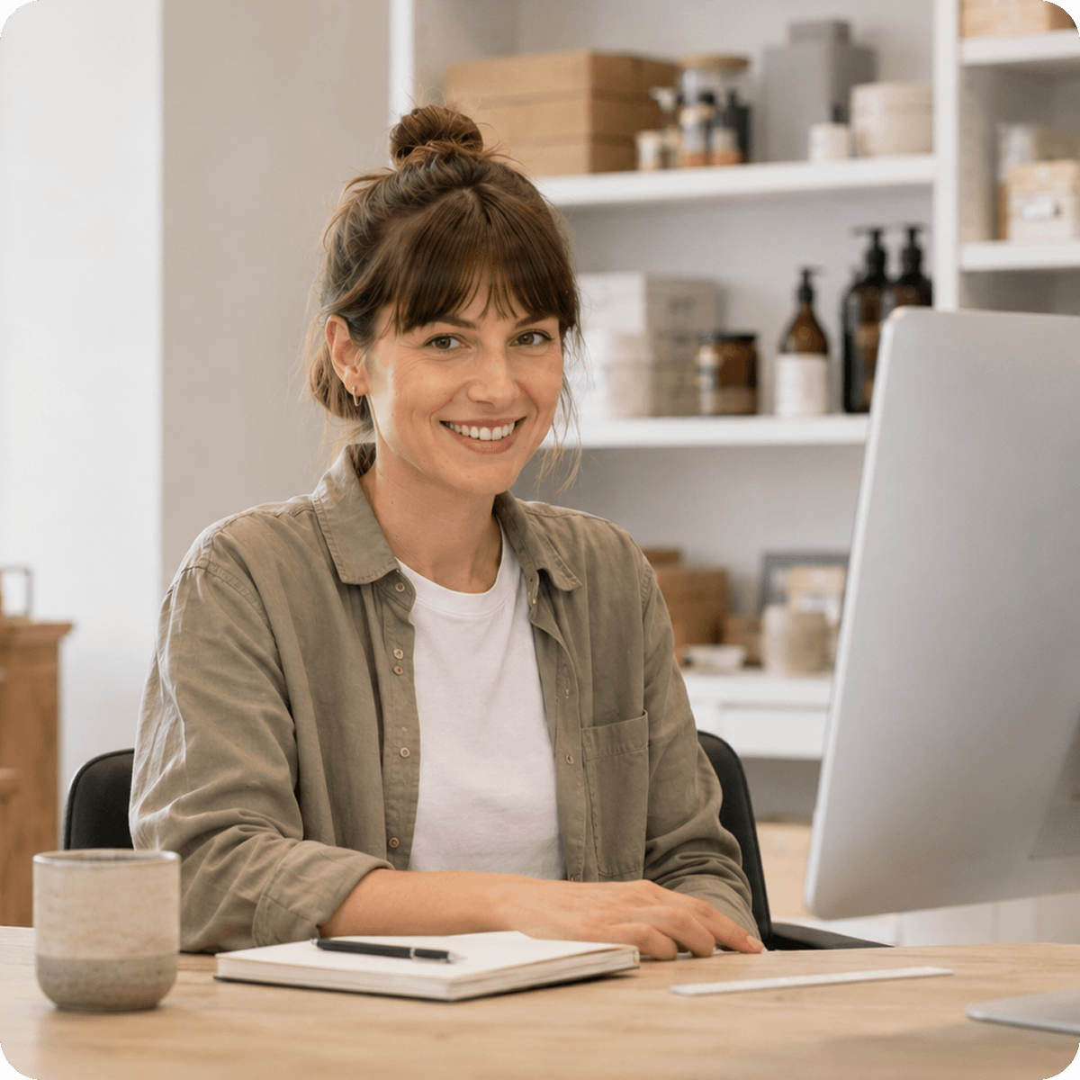 Eine lächelnde Frau sitzt an einem Desktop-Computer in einem hellen Ladenraum. Auf dem Schreibtisch liegen ein Notizbuch und ein Stift; im Hintergrund stehen Regale mit Kosmetikprodukten.