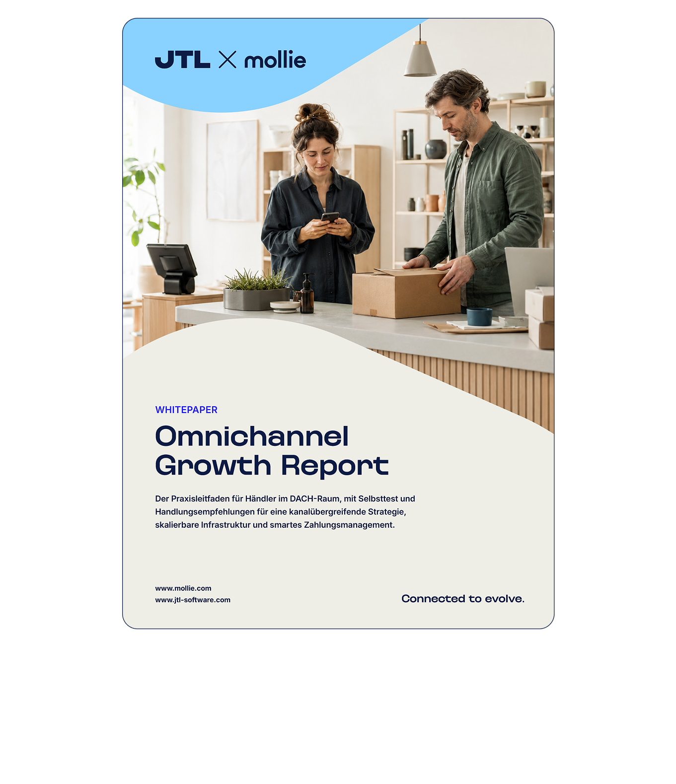 Cover des Whitepapers Omnichannel Growth Report von JTL und Mollie: Mann und Frau bearbeiten gemeinsam eine Bestellung an einem Ladentisch mit Smartphone, Paket und Kassensystem, als Symbolbild für eine Omnichannel-Strategie im Einzelhandel.