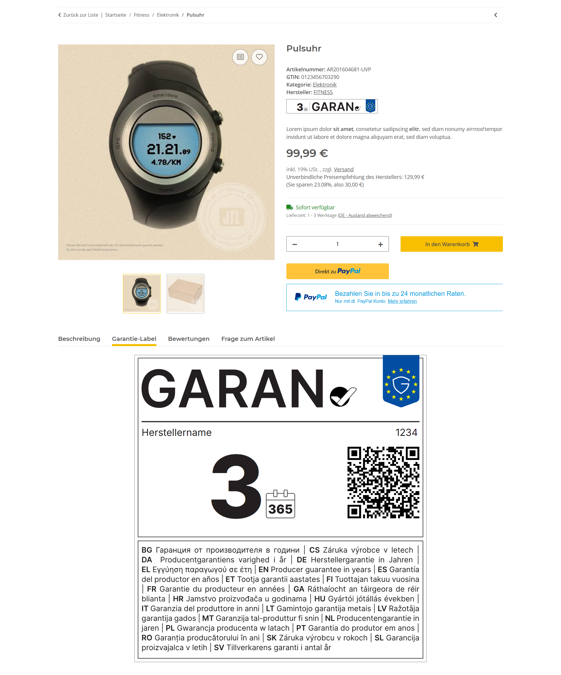 Das EU-Garantielabel 2026 auf der Produktdetailseite im Onlineshop